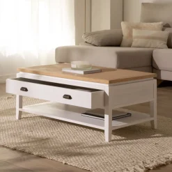 Avelin Table basse relevable en bois blanc et naturel^Banak