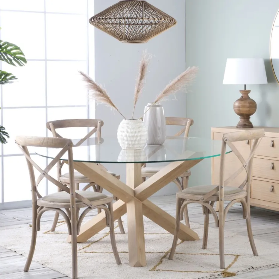 Carot Mesa de comedor de madera maciza natural y cristal redondo de 120 cm^Banak Online