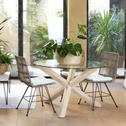 Carot Mesa de comedor de madera maciza natural y cristal redondo de 120 cm^Banak Online