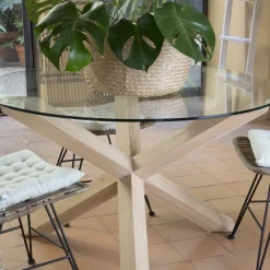 Carot Mesa de comedor de madera maciza natural y cristal redondo de 120 cm^Banak Online