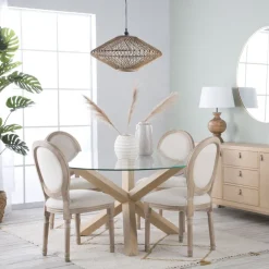 Carot Mesa de comedor de madera maciza natural y cristal redondo de 140 cm^Banak Outlet