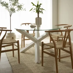 Carot Table à manger en bois massif laqué blanc et verre rond de 120 cm^Banak
