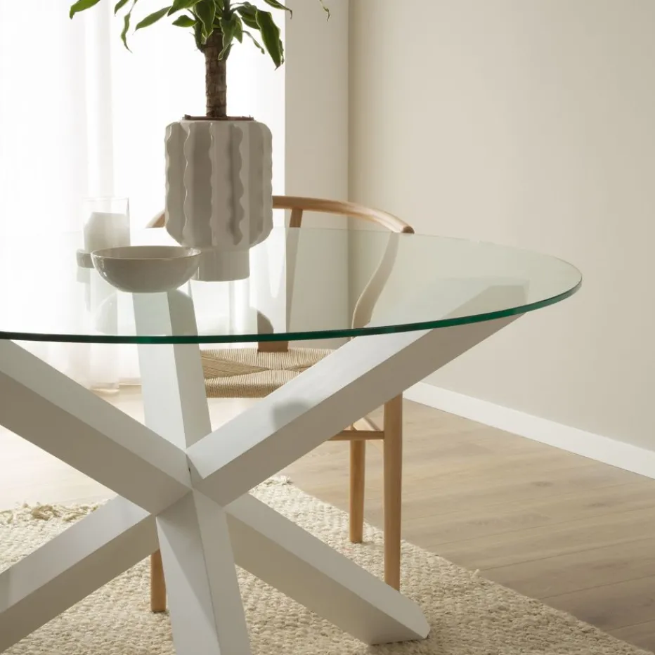 Carot Table à manger en bois massif laqué blanc et verre rond de 120 cm^Banak