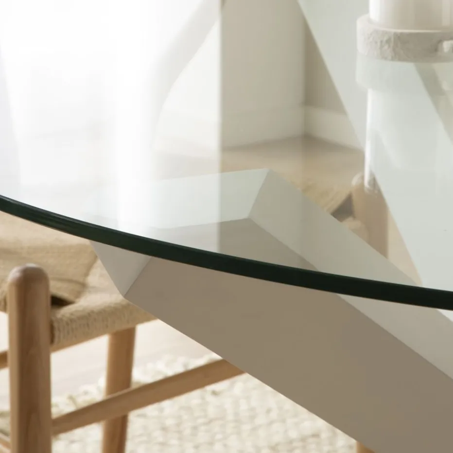 Carot Table à manger en bois massif laqué blanc et verre rond de 120 cm^Banak