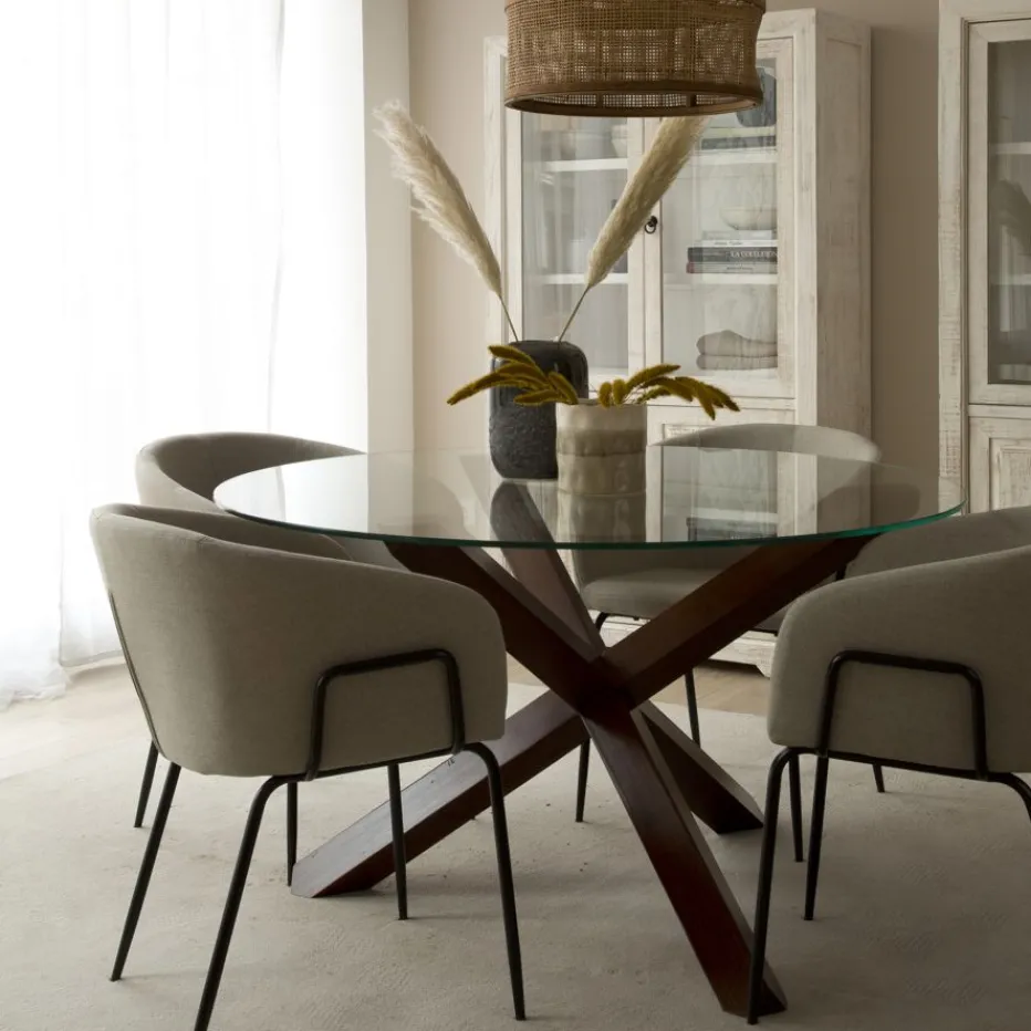 Carot Table à manger en bois massif teck et verre rond de 120 cm^Banak Hot