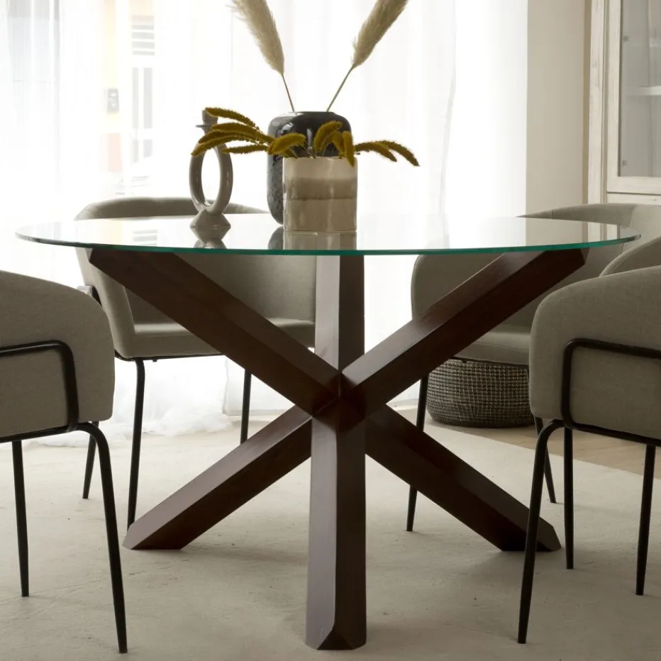 Carot Table à manger en bois massif teck et verre rond de 120 cm^Banak Hot