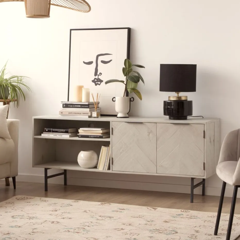 Enzo Meuble tv en bois massif et métal couleur blanc wild^Banak Online