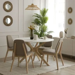 Gales Mesa de comedor redonda de madera color blanco y natural^Banak Best