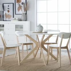 Gales Mesa de comedor redonda de madera color blanco y natural^Banak Best