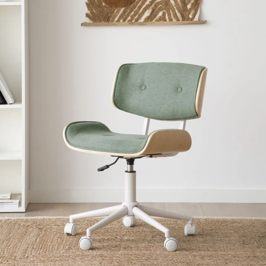 Haru Chaise de bureau rembourrée en vert avec bois et roulettes^Banak Outlet