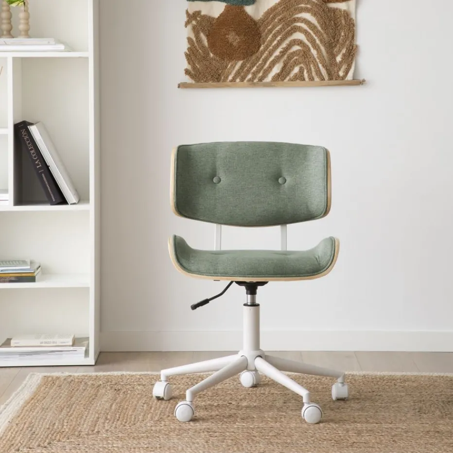 Haru Chaise de bureau rembourrée en vert avec bois et roulettes^Banak Outlet