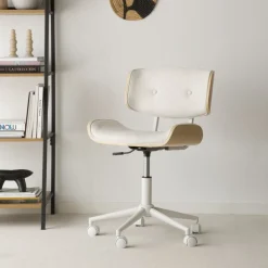 Haru Chaise de bureau rembourrée beige avec bois et roulettes^Banak Outlet