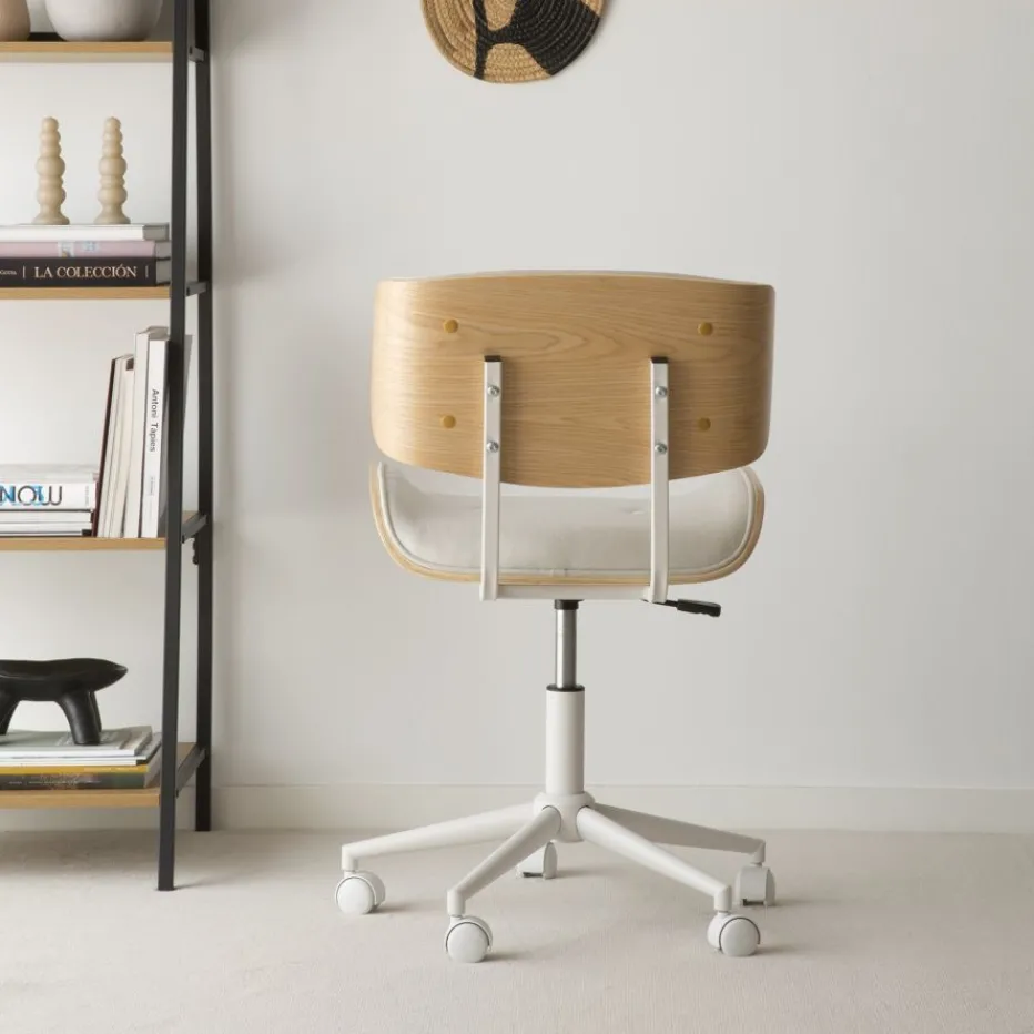 Haru Chaise de bureau rembourrée beige avec bois et roulettes^Banak Outlet