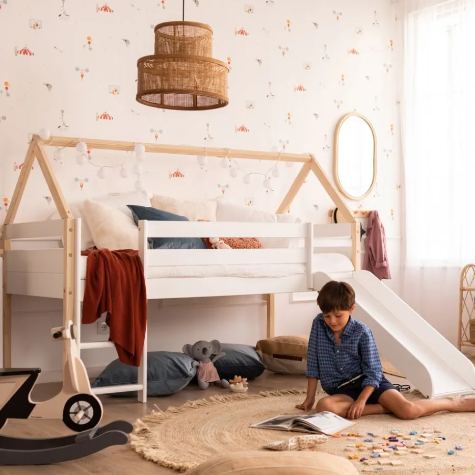 Haus Cama alta con tobogán para colchón de 90x190 lacada en blanco y natural^Banak Sale