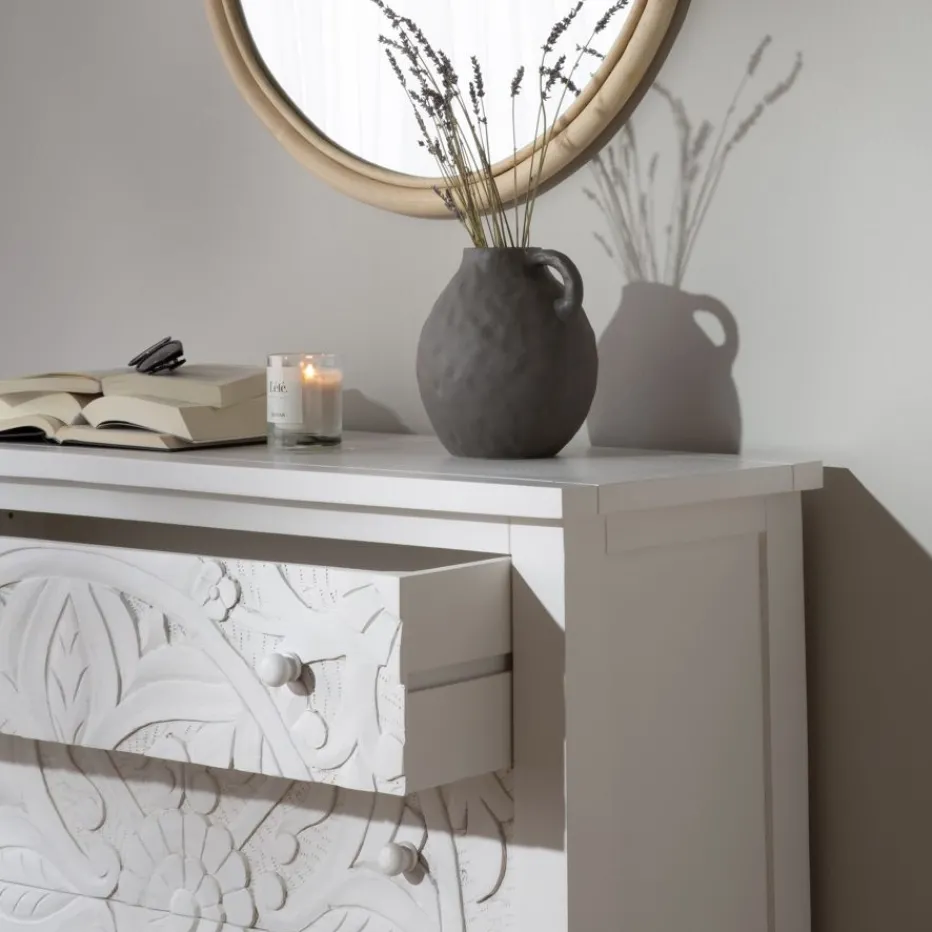 Indira Confortable blanche en bois massif sculpté de manguier^Banak New