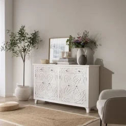 Indira Meuble buffet en bois massif blanc sculpté de manguier^Banak Online