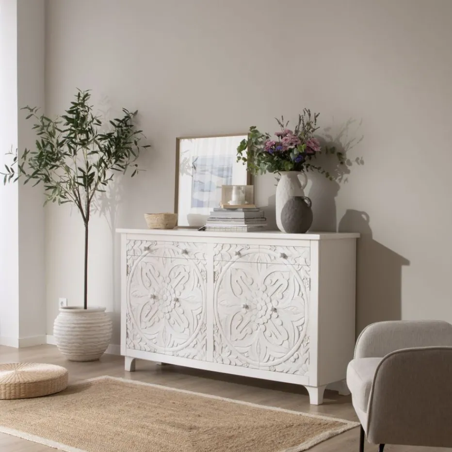 Indira Meuble buffet en bois massif blanc sculpté de manguier^Banak Online