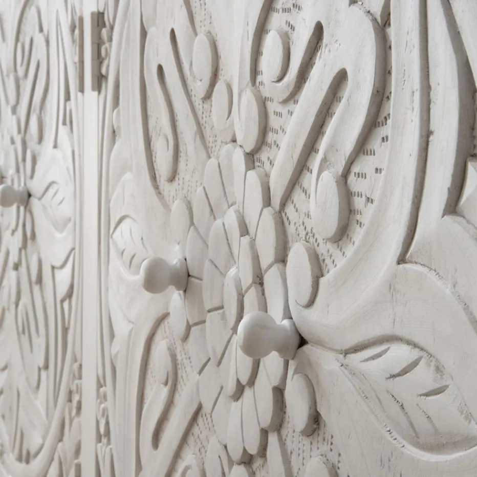 Indira Meuble buffet en bois massif blanc sculpté de manguier^Banak Online