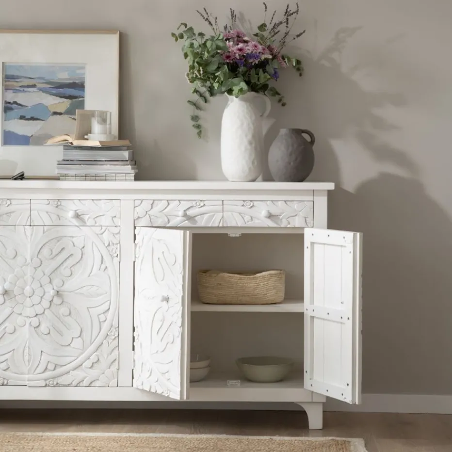 Indira Meuble buffet en bois massif blanc sculpté de manguier^Banak Online