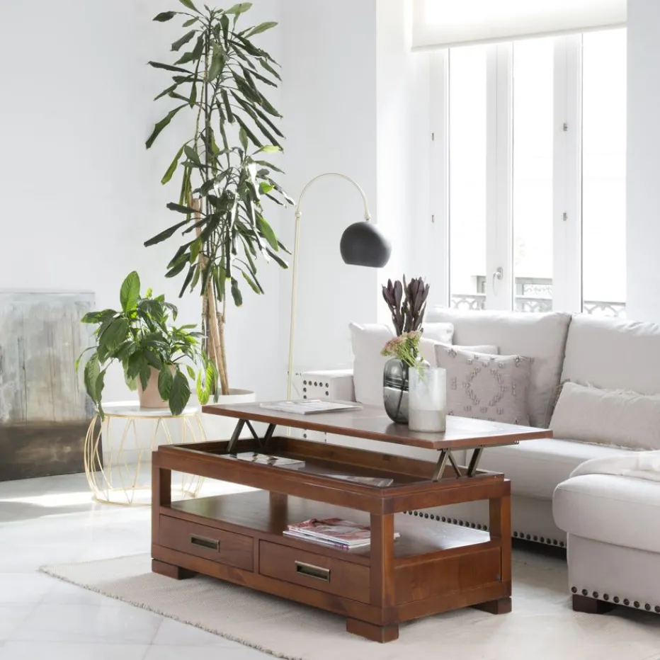 Kenia Table basse relevable en bois couleur teck^Banak New