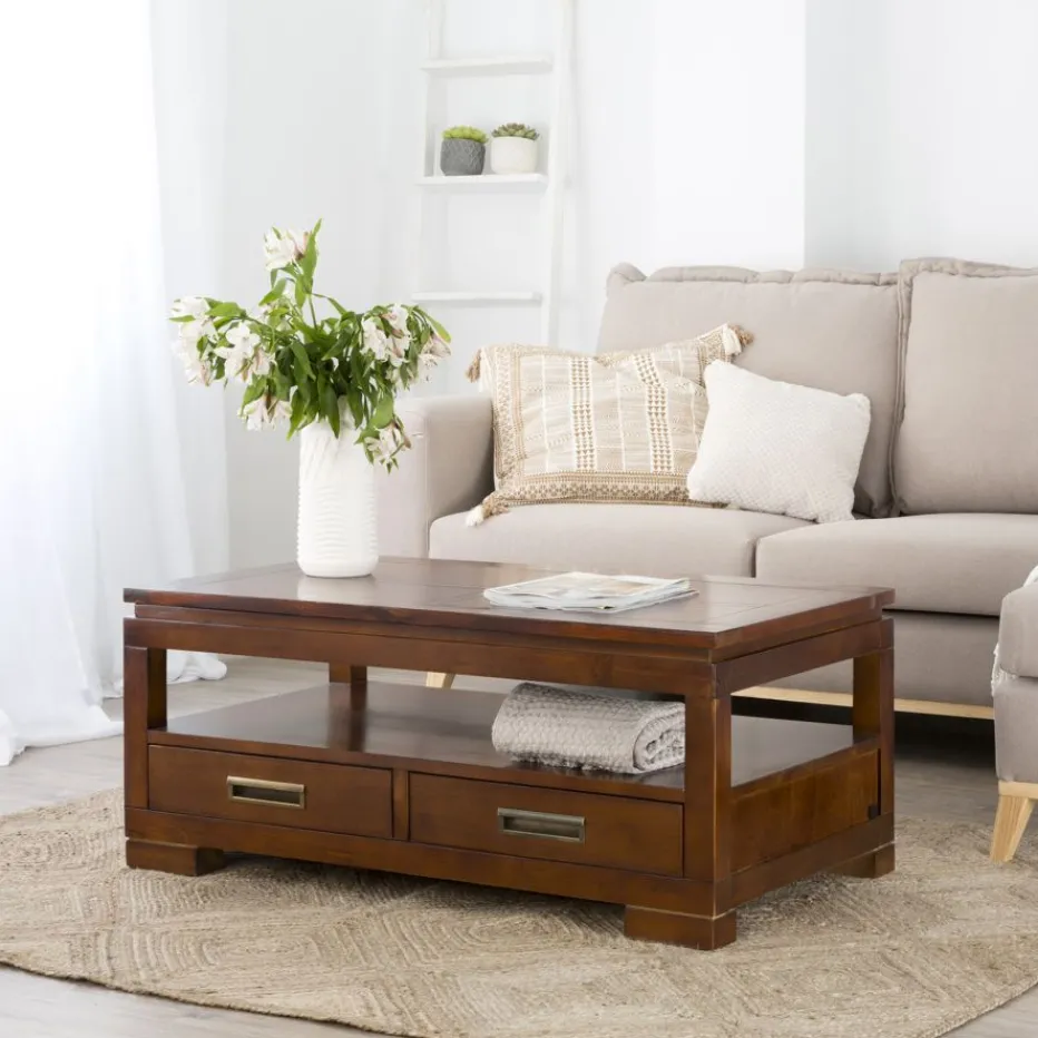 Kenia Table basse relevable en bois couleur teck^Banak New