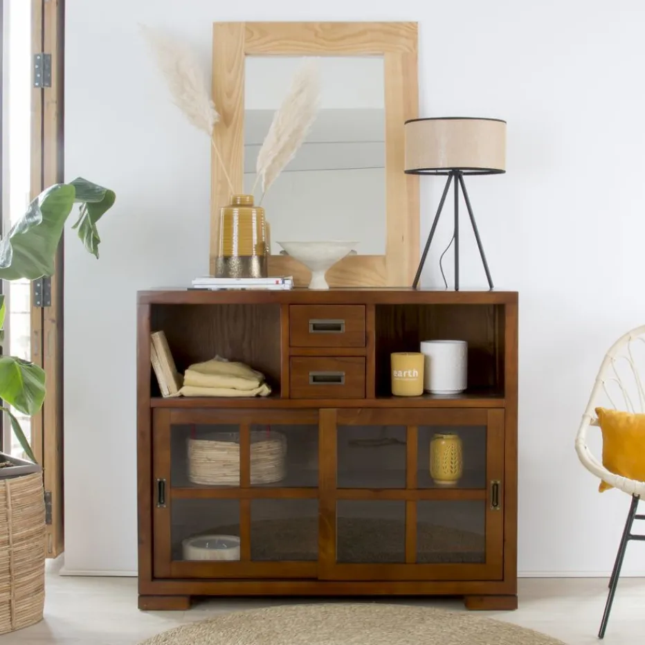 Kenia Vitrine étroite en bois couleur teck.^Banak Clearance