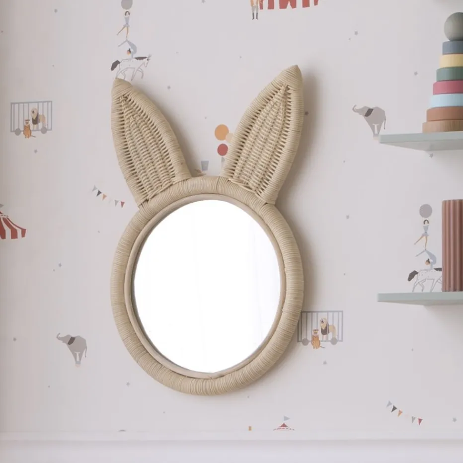 Lapin Miroir mural rond en forme de lapin en rotin naturel^Banak Sale