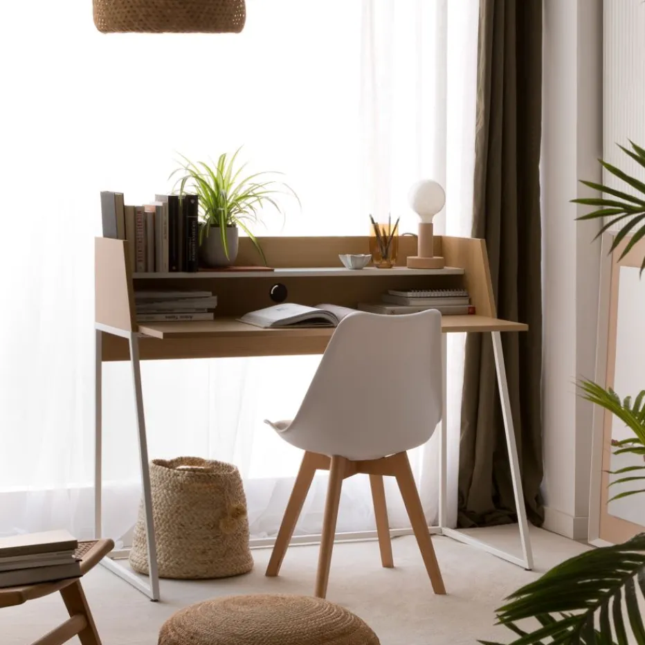 Matisse Bureau en chêne clair et métal blanc avec étagère^Banak Sale