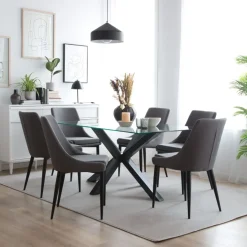 Nurma Mesa de comedor de metal gris antracita y cristal de 160x90^Banak Discount