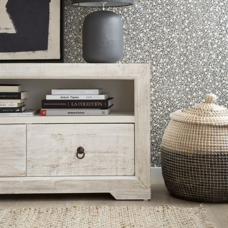 Oblak Meuble tv en bois massif blanc shabby^Banak Sale