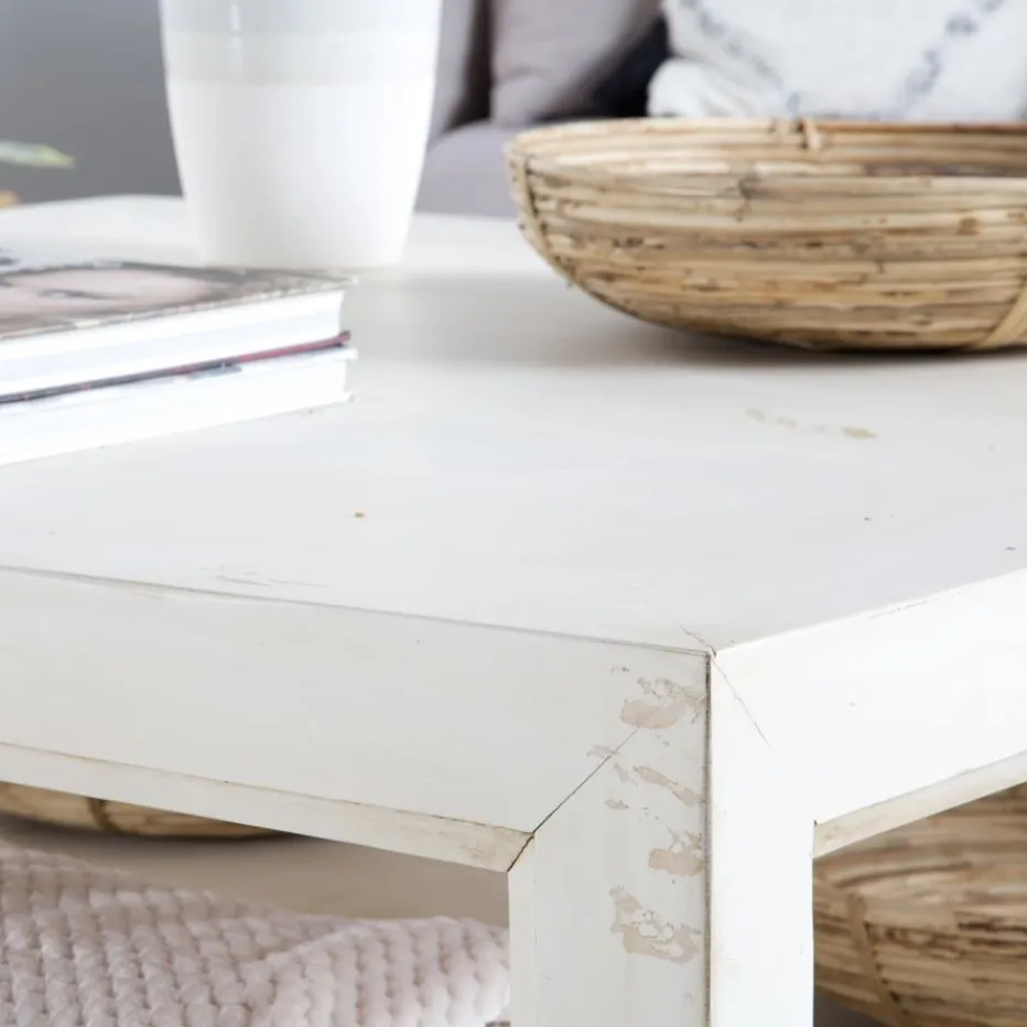 Soho Table basse en bois massif carrée en blanc décapé^Banak Sale