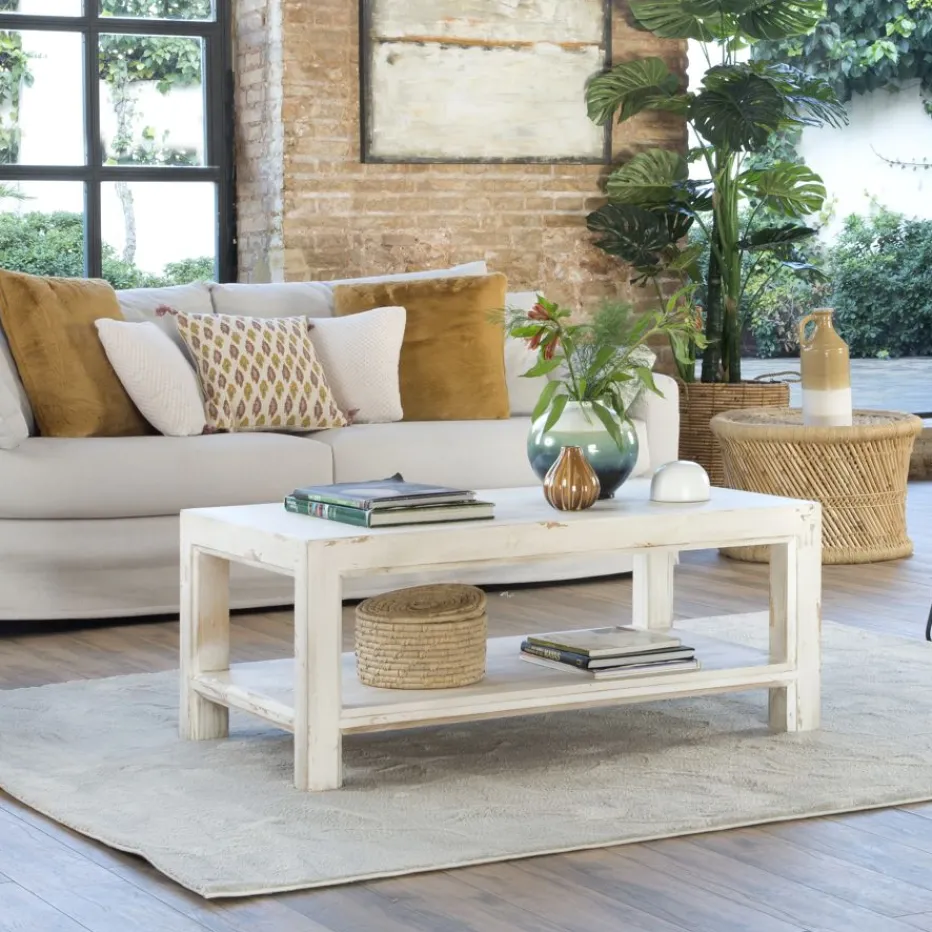 Soho Table basse rectangulaire en bois massif de couleur blanc décapé^Banak Online