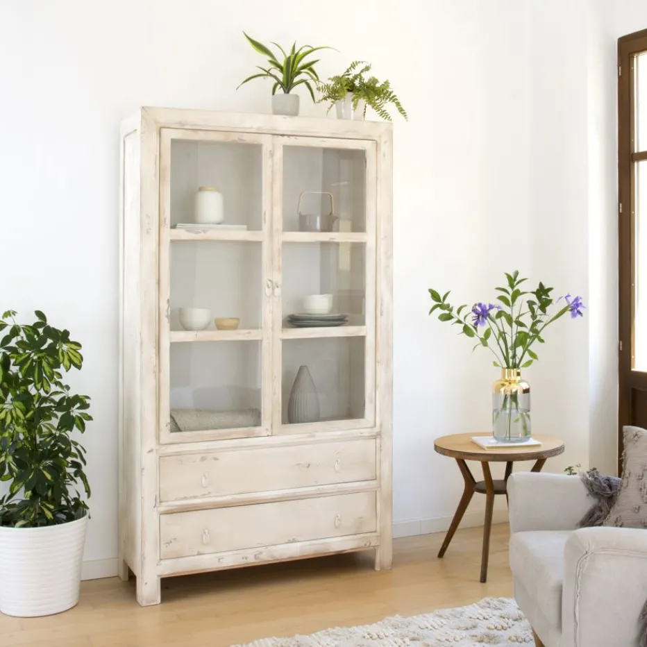 Soho Vitrine en bois massif en blanc décapé^Banak New